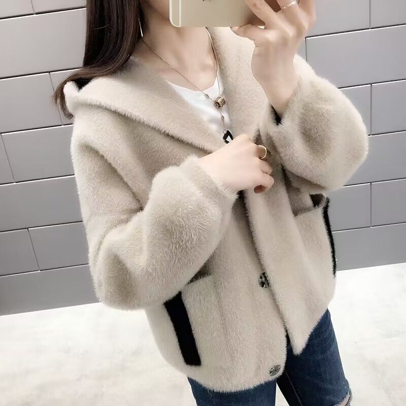 仿水貂绒短款外套女2025新款秋冬装毛衣宽松大码加厚针织连帽开衫
