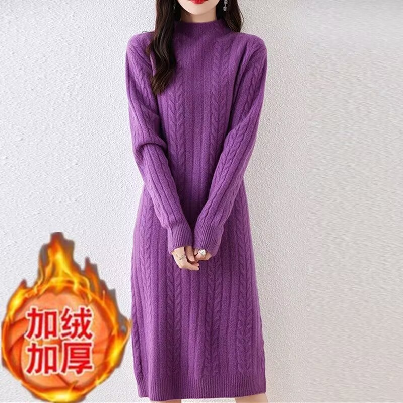 加绒加厚中长款过膝宽松打底衫秋冬新款半高领毛衣女针织毛衣裙