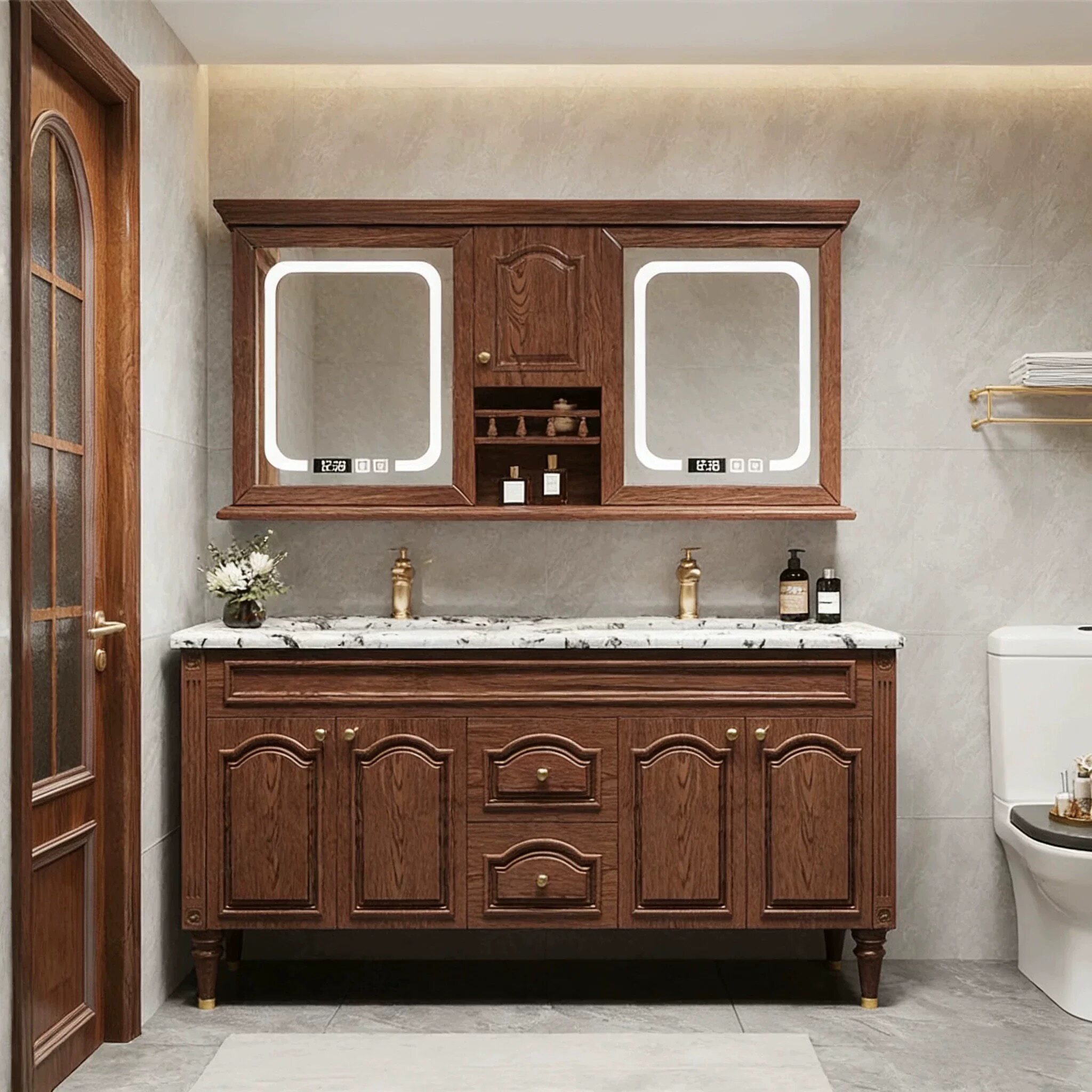 美式橡木浴室柜智能镜柜组合奢石洗脸盆柜卫生间实木落地卫浴柜