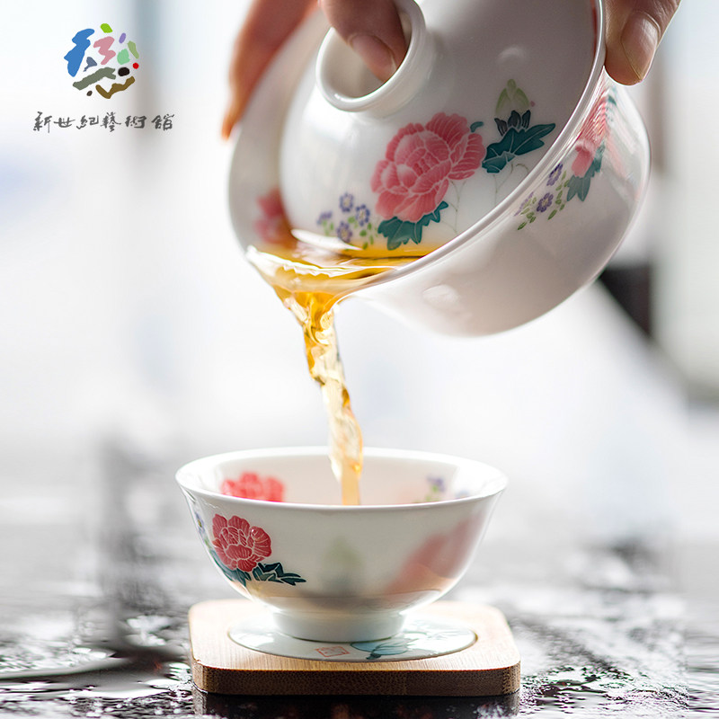 醴陵瓷器手绘釉下五彩纯毛瓷盖碗功夫茶具套装茶杯1碗6杯可定制