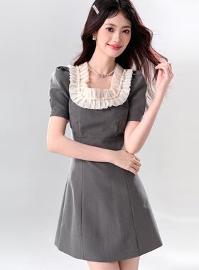 XZCV夏季法式连衣裙珍珠装饰木耳边领拼接小黑裙