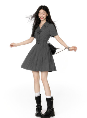 XZCV衬衫连衣裙女夏季复古学院风条纹收腰翻领连衣短裙