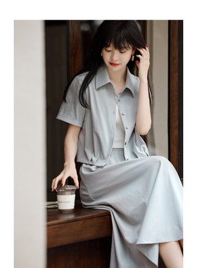 XZCV【休闲韩系小翻领下摆打褶短袖衬衫半裙套装】2025夏款套装