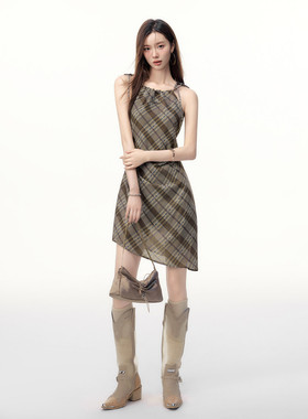 XZCV挂脖绑带连衣裙女夏季复古甜酷不对称设计感斜格纹短裙