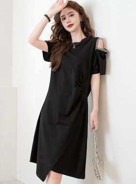 XZCV 侧拼缝开又裙夏季小众设计感露肩不规则连衣裙气质显瘦A字裙