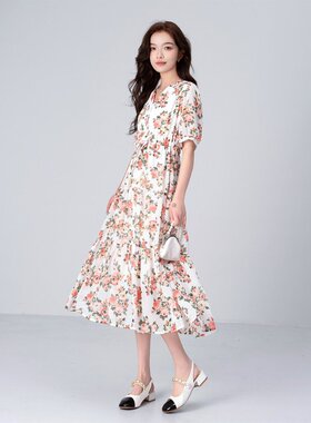 XZCV夏季碎花连衣裙温柔风气质高级感宽松显瘦日常出行过膝连衣裙