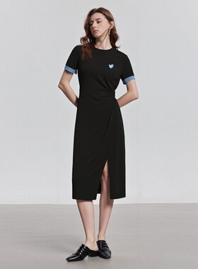 XZCV【简约利落】25夏压褶收腰开衩连衣裙女休闲透气显癭T恤裙