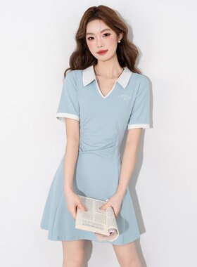 XZCV撞色褶皱短袖Polo裙女款夏季美式运动收腰显瘦短裙连衣裙