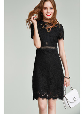 xzcv黑色蕾丝连衣裙女士修身显瘦通勤小众设计感短裙子