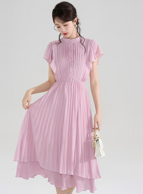 xzcv法式浪漫气质褶皱连衣裙女2025夏季时尚收腰显瘦飞飞袖a字裙