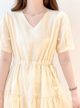 XZCV【森系V领少女连衣裙】夏季收腰软糯气质显瘦小个子短袖裙女