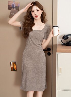 XZCV 气质方领连衣裙女夏季弹力修身显瘦休闲百搭韩系文艺中长裙