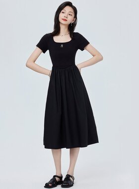 XZCV 复古赫本风短袖u领连衣裙女2025夏款A字长裙收腰显瘦裙子