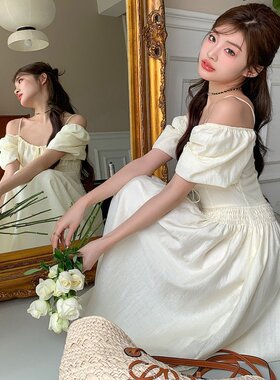 xzcv【一字肩两穿】连衣裙女夏季款法式复古气质收腰显瘦裙子