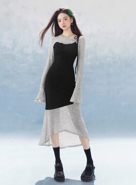 XZCV 针织连衣裙女夏季假两件修身不规则高级感辣妹拼色中长裙
