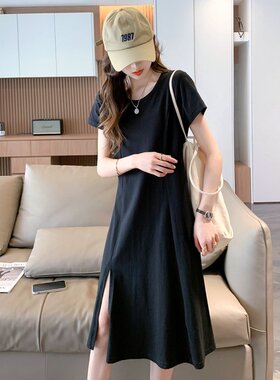 XZCV 时尚开叉圆领短袖连衣裙女宽松舒适休闲显瘦纯色简约小黑裙
