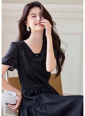 xzcv夏季小黑裙高级感休闲百搭纯色女士连衣裙气质女士裙子