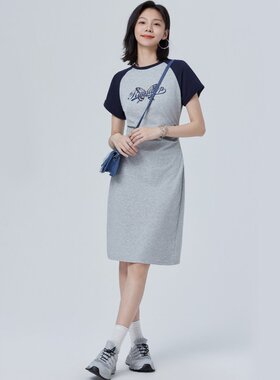 XZCV撞色减龄圆领短袖连衣裙2025夏款裙子后开又裙印花中长款女裙