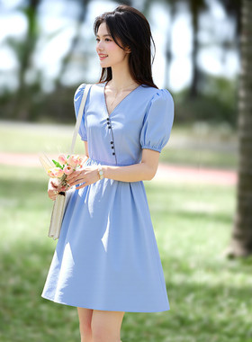 xzcv纽扣装饰花边V领A字裙夏季小个子灯笼袖连衣裙