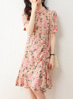 xzcv新中式连衣裙女夏季短袖国风气质高级感显瘦立领短款裙子