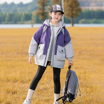 女童男童中长款宽松羽绒服加厚粉紫白色外套大童连帽棉袄衣棉服冬