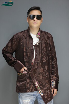 藏装上衣男装春夏秋单层藏服女装西藏服咖啡色2023新款印花休闲经
