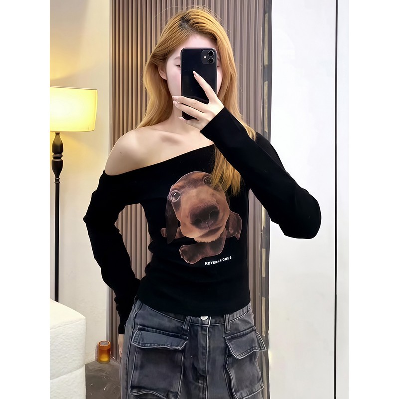 黑色腊肠狗洋气长袖T恤女