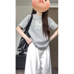 2025新款 大码 t恤女夏季 美式 休闲设计感宽松正肩上衣 复古纯棉短袖