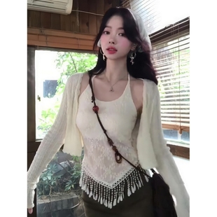 度假风流苏拼接吊带背心女夏外穿辣妹修身显瘦无袖抹胸上衣高级感