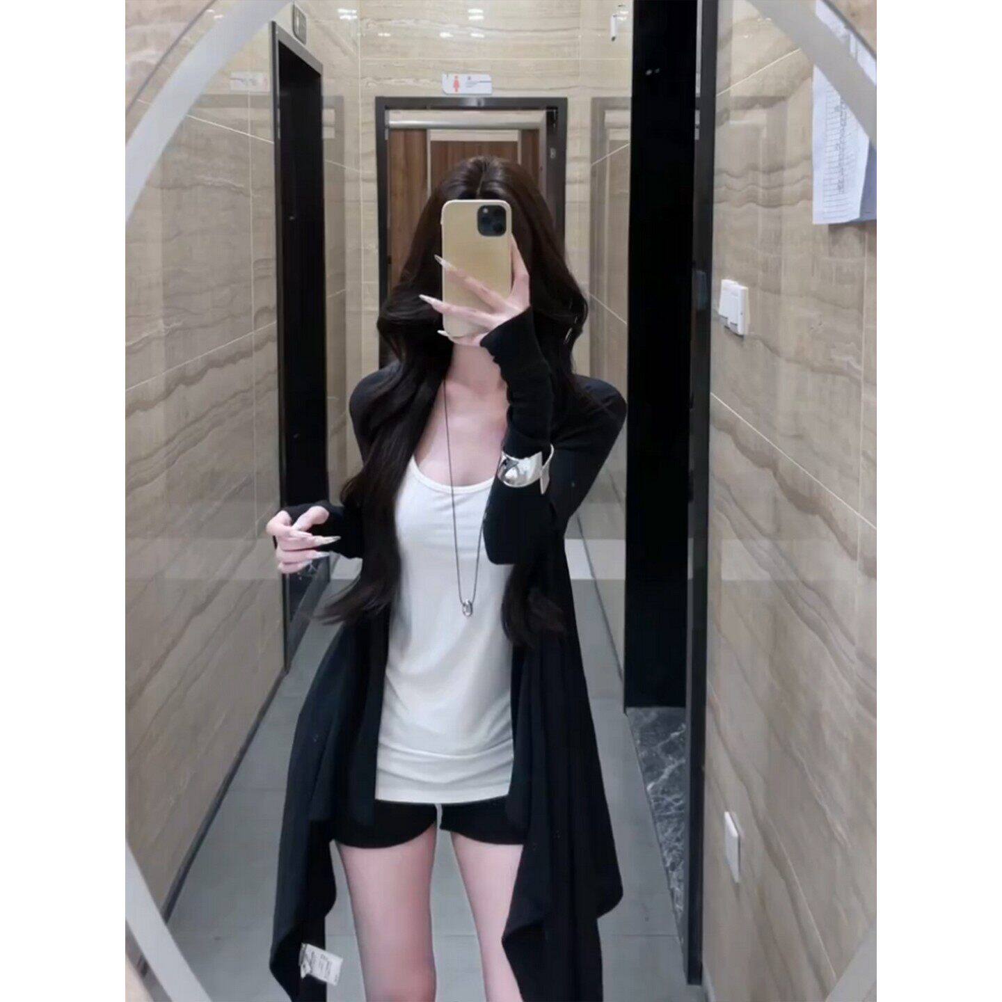 大码胖MM黑色修身针织开衫两件套夏季女装长袖外穿显瘦中长款薄款