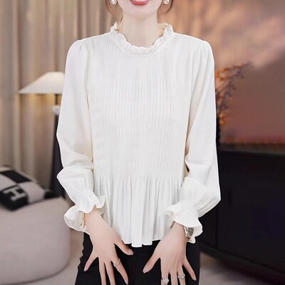大码木耳边立领褶皱喇叭长袖衬衫