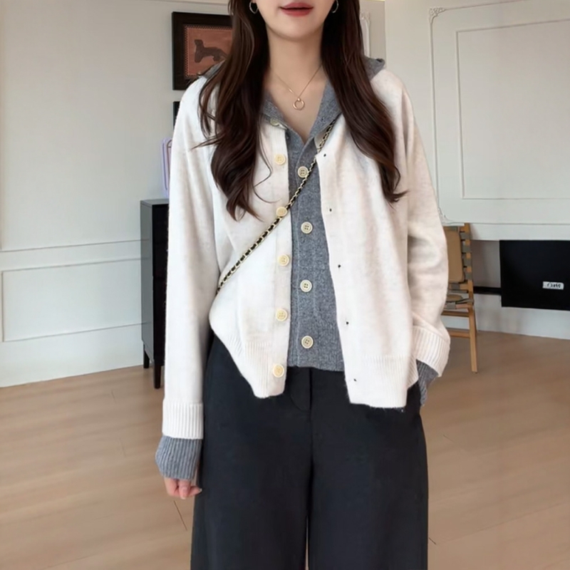 大码假两件连帽针织开衫