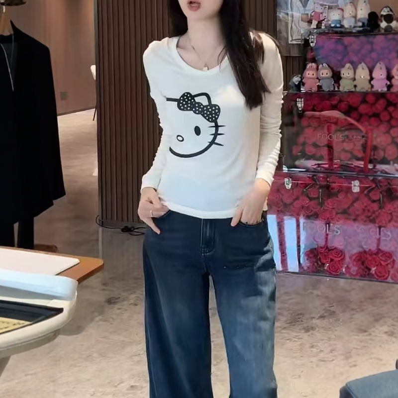 大码女装圆领kitty猫印花长袖T恤