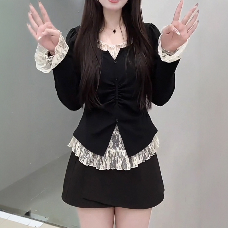 大码胖mm纯欲蕾丝拼接假两件T恤