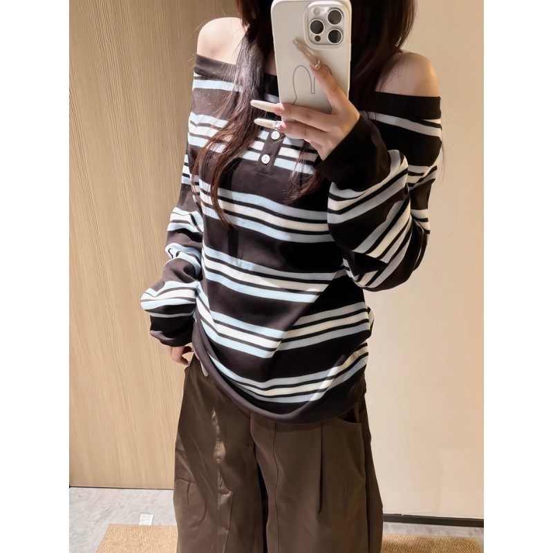 秋季慵懒感宽松上衣大码胖MM韩系复古撞色条纹粉色露肩长袖t恤,女装/女士精品,T恤,淘宝优惠券,粉丝福利购,淘宝优惠卷
