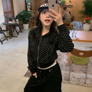 开衫 卫衣女春秋2025新款 外套 复古波点满印连帽短款 休闲高街美式