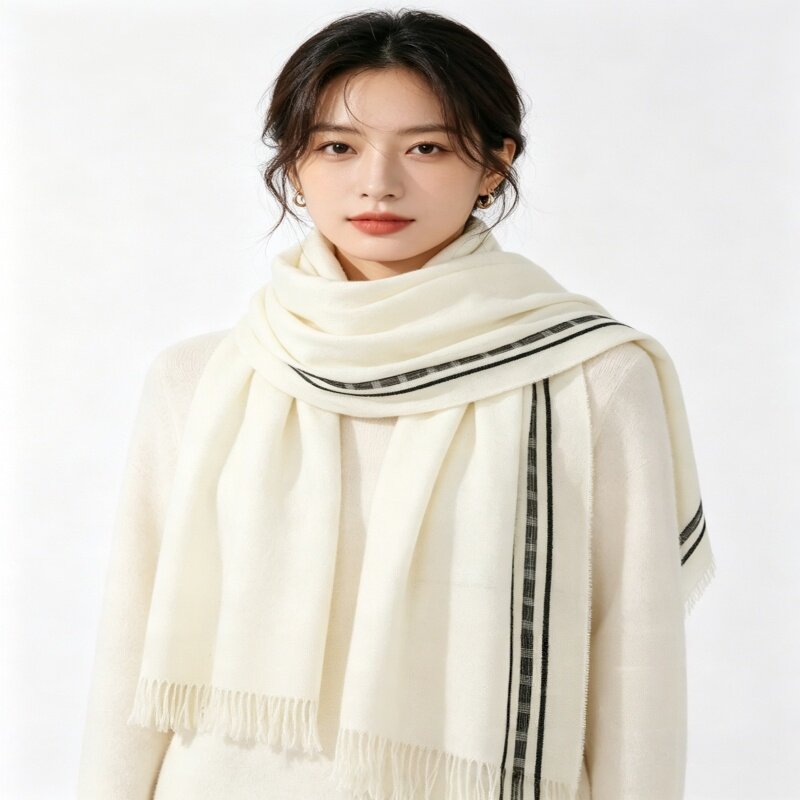 新款极简棉麻质感百搭女秋冬条纹流苏轻奢高级感围巾护颈围脖披肩