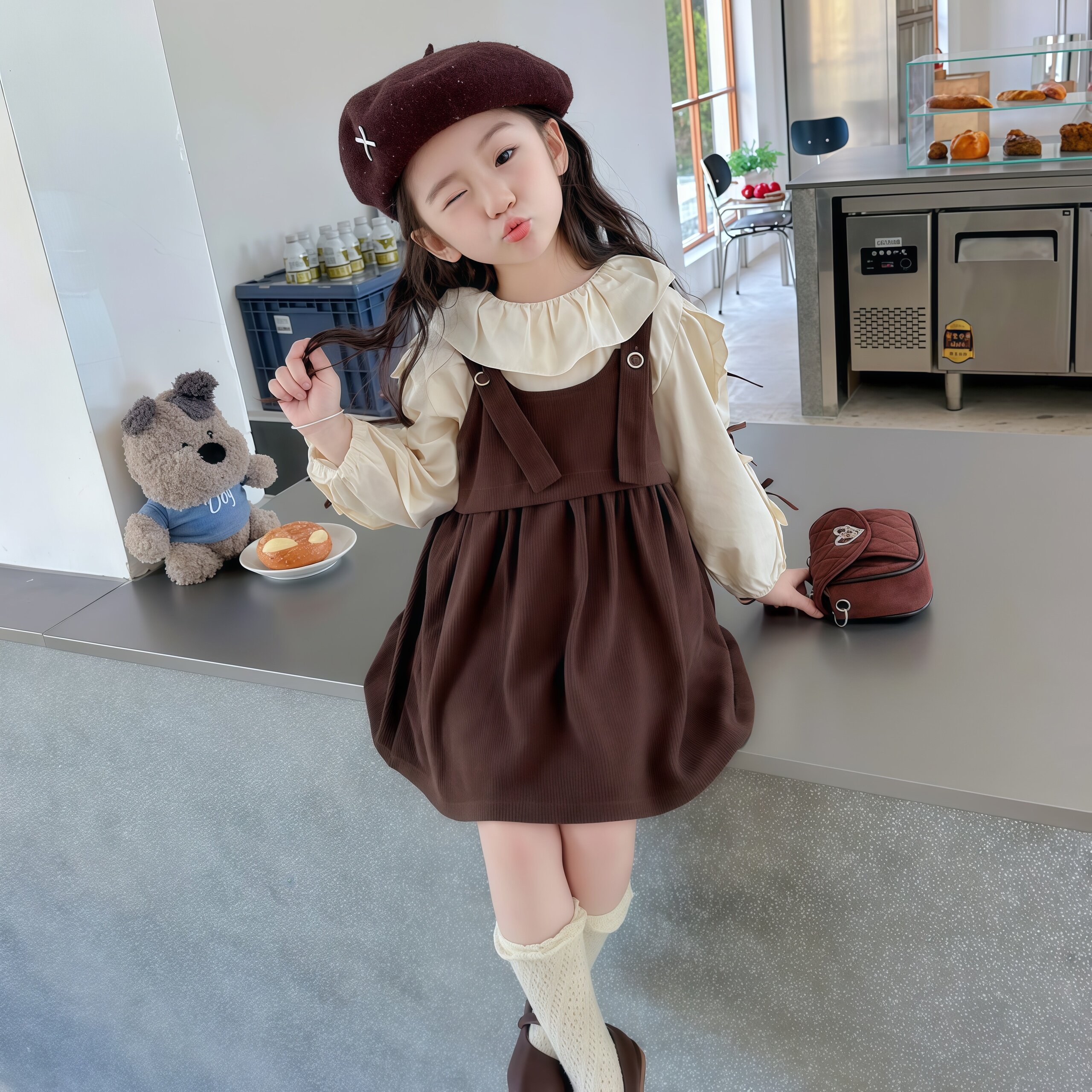 女童连衣裙2026秋装新款韩版蝴蝶结衬衫背带裙女宝宝洋气公主裙子