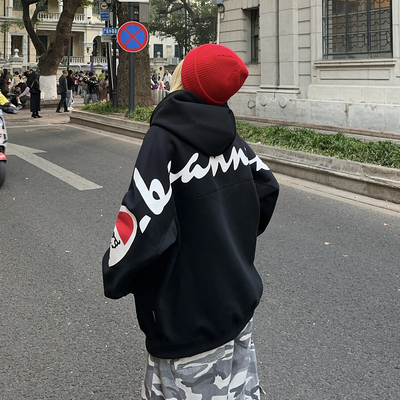 BCRA美式复古字母刺绣连帽卫衣男女春季宽松休闲情侣帽衫上衣潮牌