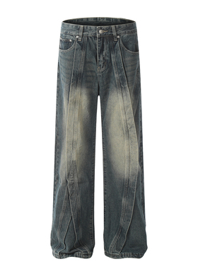 BCRA美式复古水洗做旧拼接牛仔裤男女宽松直筒阔腿休闲长裤子潮