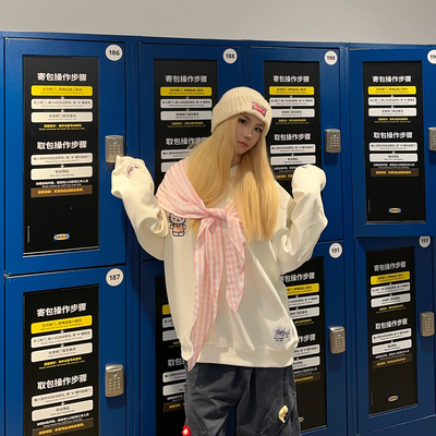 BCRA原创甜美可爱Kitty蝴蝶结绑带连帽卫衣男女情侣宽松休闲上衣