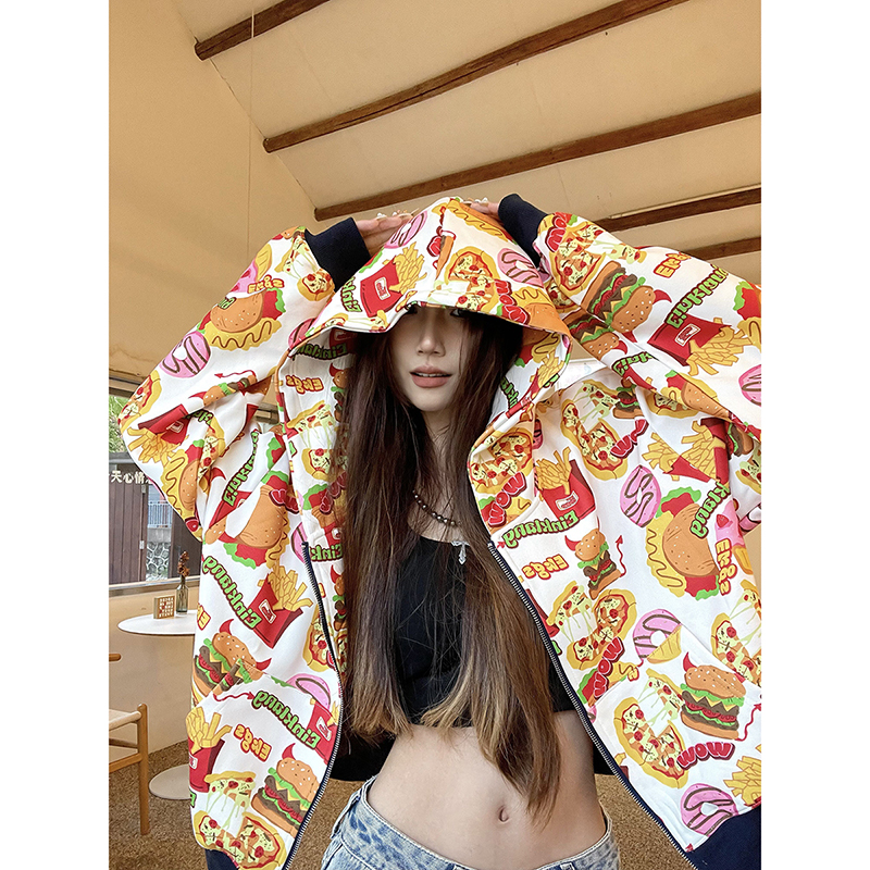 BCRA美式复古汉堡薯条满印连帽卫衣女春秋季宽松开衫辣妹短款外套