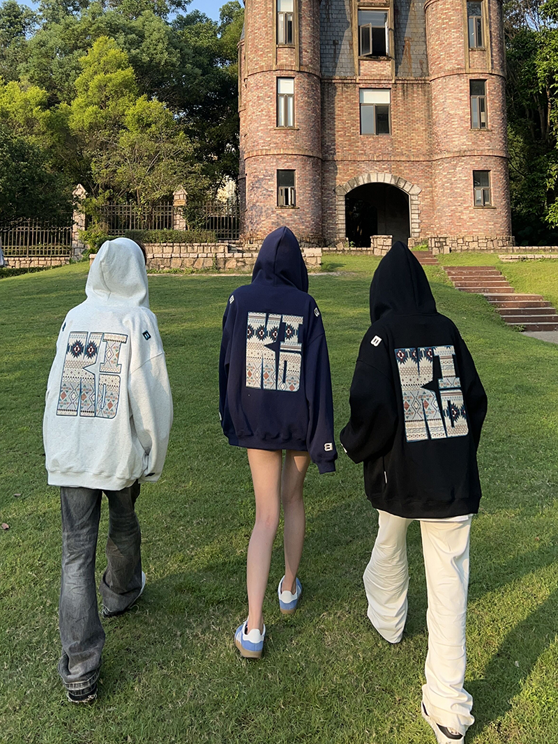 BCRA美式复古刺绣字母连帽卫衣外套男女秋季潮牌宽松休闲情侣帽衫