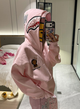 BCRA美式复古猴子刺绣双帽连帽卫衣开衫男女秋冬潮牌宽松情侣外套