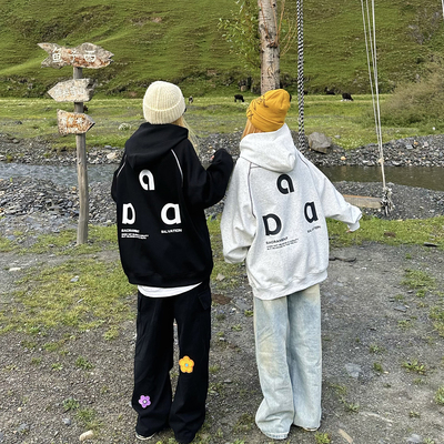 BCRA美式复古拼接字母印花连帽卫衣男女秋冬宽松休闲百搭情侣帽衫