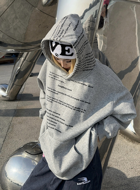 BCRA美式复古满印字母印花加绒连帽卫衣男女秋冬宽松休闲情侣帽衫