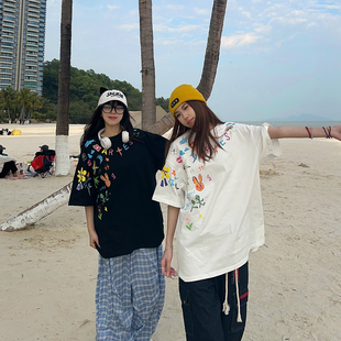 BCRA美式街头创意卡通涂鸦印花短袖T恤男女宽松休闲百搭情侣上衣T