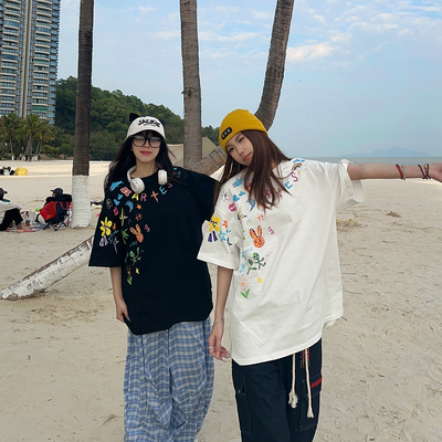 BCRA美式街头创意卡通涂鸦印花短袖T恤男女宽松休闲百搭情侣上衣T