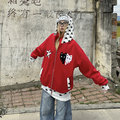 BCRA原创美式猫咪刺绣设计感连帽卫衣男女秋冬宽松情侣开衫外套潮