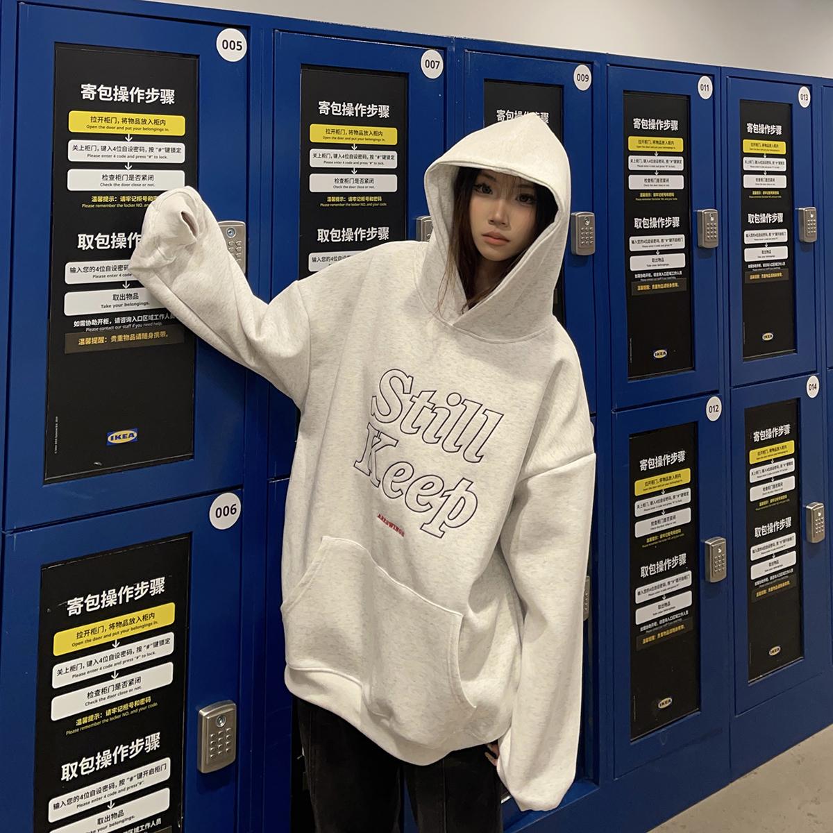 BCRA美式复古字母刺绣连帽卫衣男女春季潮牌宽松休闲情侣帽衫上衣